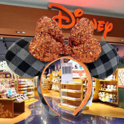 Disney’ Parks Halloween Minnie Mouse Ears Orange Bow Sequin Plaid Headband NWT-image