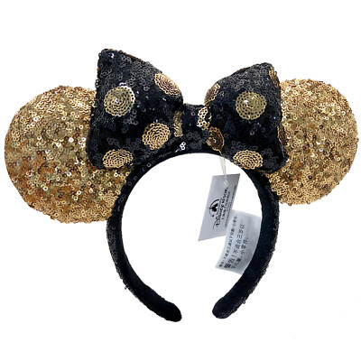 Black Gold Polka Dot Bow Disney Parks Minnie Mouse Gold Sequins Ears Headband-image