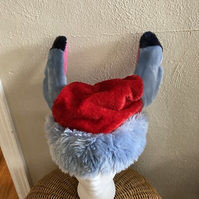 Rare Plush Disney Land Stitch Santa Hat Adult Christmas Black Tip Ears Blue VTG-image