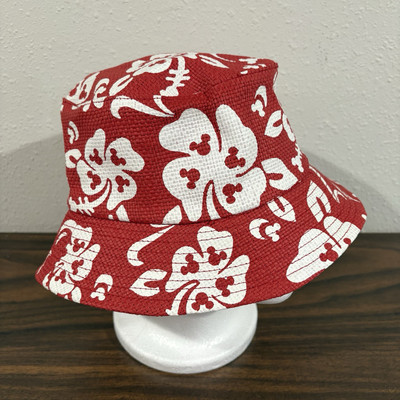 RARE Walt Disney World Mickey Minnie Tropical Hawaiian Bucket Hat One Size Red-image
