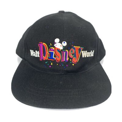 Vtg 90s Walt Disney World Black Embroidered Snapback Baseball Cap Hat Mickey-image
