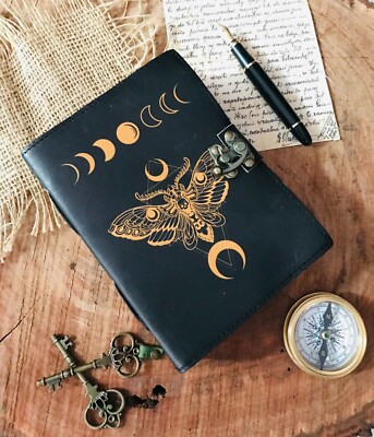 Spell book of shadows pages grimoire leather journal Luna moth vintage handmade-image