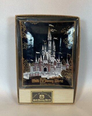 Vintage Walt Disney World Castle Black & Gold Glass Candy Dish Trinket Tray -image
