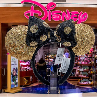 Disney'Parks Minnie Mickey Mouse Ears Sequin Gold & Black Polka Dot Headband-image