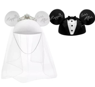 Disney Parks Mickey & Minnie Mouse Wedding Groom and Bride Ears Hat Set New-image