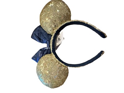 Brand New Disney Parks WDW 50th Anniversary Gold Sequin Blue Bow Ears Headband-image