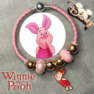 PIGLET Winnie The Pooh Pink Braided Leather 3mm Snake Chain Charm Bracelet ✨ NEW-image
