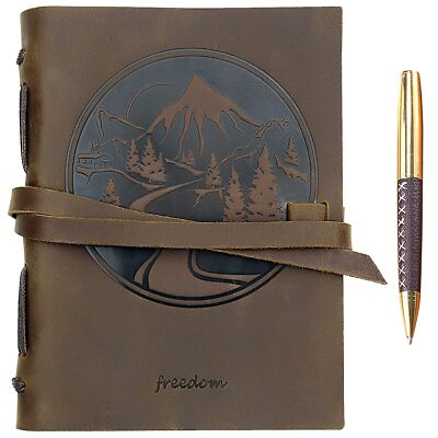 Leather Bound Journal for Men and Women, Handmade Gift Set with Mountain Embo...-image