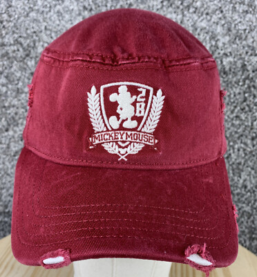 Walt Disney World Cadet Cap Hat Burgundy Red Mickey Mouse 28 Fitted Distressed-image