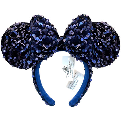 Japan Tokyo Disney Resort Minnie Mouse Navy Blue Velour Sequin Ears Headband-image