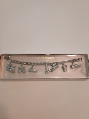 VTG 1969 Walt Disney Transportation Charm Bracelet Silver New In BOX-image