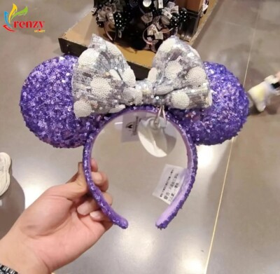 Rare Mickey Purple Silver Bow Sequins Shanghai Disney Parks Headband Ears-image
