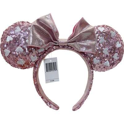 DisneyParks White Heart Pink Minnie Mouse Bow Sequins Ears Headband Ears-image