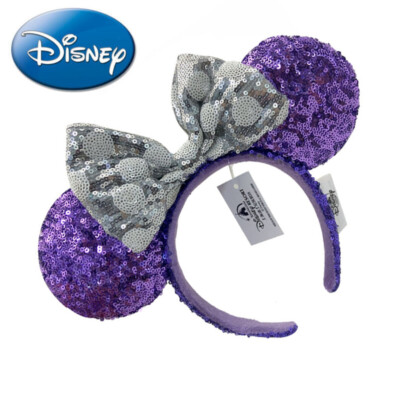 Rare Mickey Purple Silver Bow Sequins Shanghai Disney~Parks Headband Ears-image