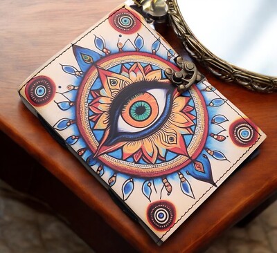Handcrafted Artistic Leather Journal with Eye Mandala Design - Unique Boho Style-image