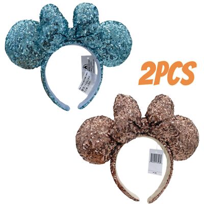 DisneyParks Brown Minnie Mouse limited Ribbon Ears+Aqua Blue Sequin Bow Headband-image