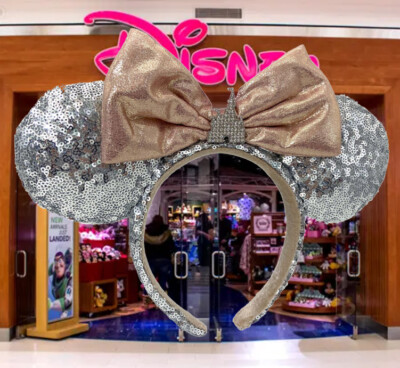 Disney-Parks Minnie Cinderella Castle Silver Sequin Gold Bow Ear Headband-image
