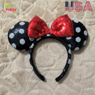 Disney Parks Minnie Mouse Sequined Black White Polka Dot Red Bow Ears Headband💓-image