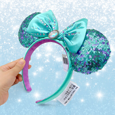 Disney- Parks Minnie Mouse Little Mermaid Sequin Ears Blue Headband Gift-image
