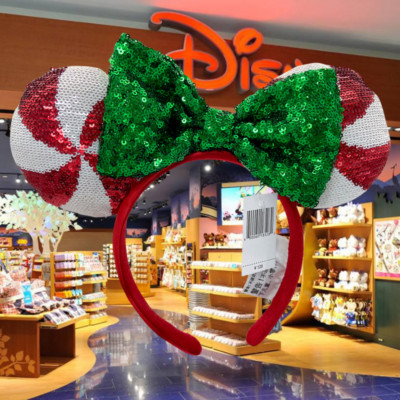 DisneyParks Lollipop Candy Cane Resort Minnie Ears Green Sequins Bow Headband US-image