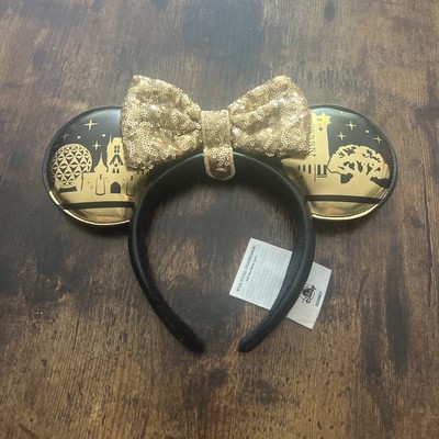 Disney WDW 4 Parks Icon Minnie Mouse Black Gold Detachable Bow Ears Headband-image