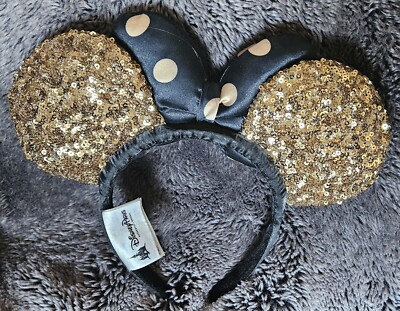 Disney Parks Anahiem Headband Black & Gold Sequined Polka Dots Minnie Mouse Ears-image