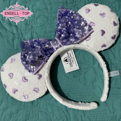 White Party Purple Heart Sequin Bow Disney Parks New Minnie Ears Headband-image