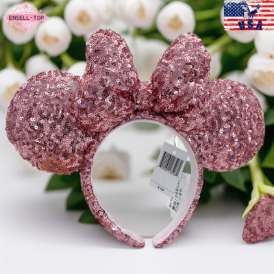 Japan Tokyo Disney Resort Minnie limited Ribbon Sequin Pink  Ears Headband-image