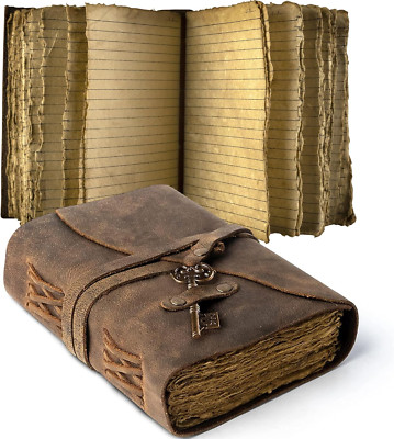 Vintage Leather Journal Lined Pages with Key - Antique Handmade Deckle Edge Vint-image