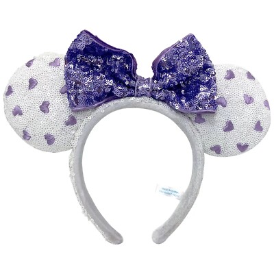 Mickey Mouse Disney Parks 2022 Minnie Ears New Purple Heart Sequin Bow Headband-image