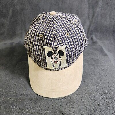 Vintage Mickey Mouse Navy/Tan Plaid Adjustable Cap Suede Bill Walt Disney World -image