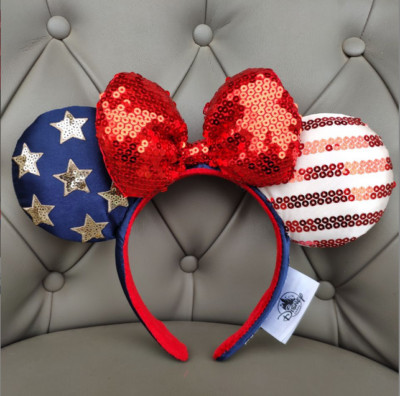 Stars Minnie Ears Bow Sequins Disney.Parks American Flag Disneyland Headband US-image