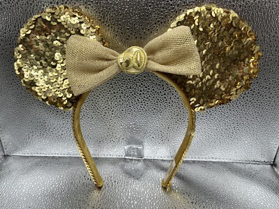 Disney MINNIE MOUSE EARS Gold Sequins Bow Mickey Headband WDW 50th Anniversary-image