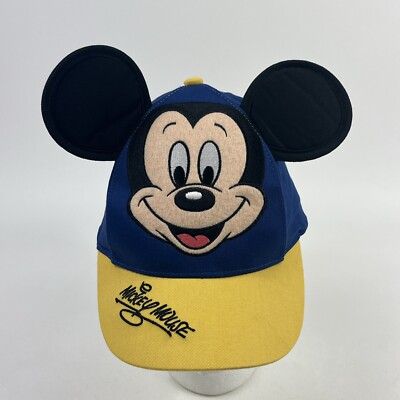 Mickey Mouse Hat W/Ears Walt Disney World  Youth Size Snap Back Blue Yellow VTG-image