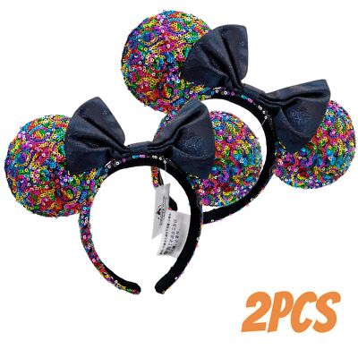 Minnie Mouse Ears Rainbow Sequin Bow Disney~Parks Mickey Headband Pary Gift 2Pcs-image