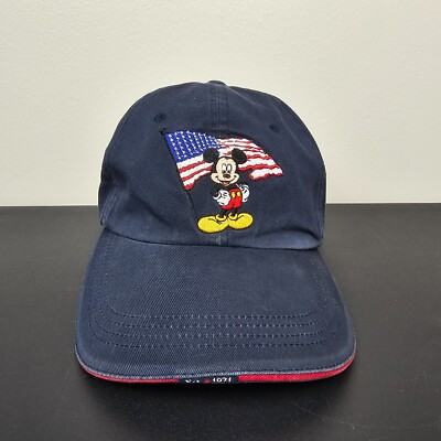 VINTAGE Walt Disney World Hat Cap Mens Strap Back Blue Mickey Mouse Flag Logo-image