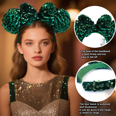 Disney-Parks Headband Minnie Ear Dark Green Velour Sequin Tokyo Disneyland Japan-image