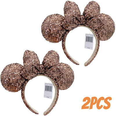 Disney~Parks Brown Minnie Mouse Sequins Ears Mickey limited Ribbon Headband 2Pcs-image