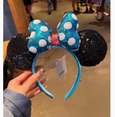 Disney‘ Parks Ears Teal Polka Dot Minnie Ear Sequin Headband Hat Flower US Ship-image