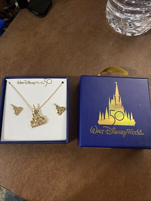 Disney Parks WDW 50th Anniversary Necklace & Earrings Castle Set Gold - NEW-image
