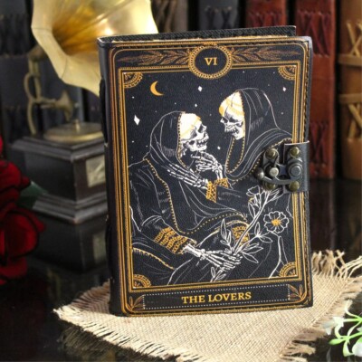 Book of Spells Lovers Tarot Leather Journal, Deckle Edge Paper, Grimoire, Gothic-image