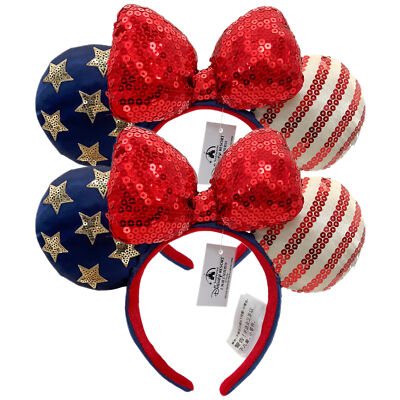 2Pcs Disney-Parks Bow Minnie Ears Stars USA Flag Sequins Mickey Mouse Headband-image