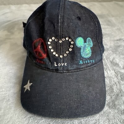 Vtg Walt Disney World Peace Love Mickey Mouse Denim Hat Cap-image