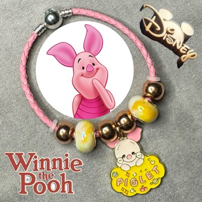 PIGLET Winnie The Pooh Pink Braided Leather 3mm Snake Chain Charm Bracelet ✨ NEW-image