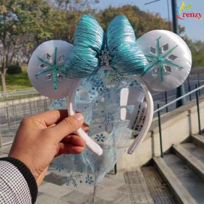 New Disney- Parks Elsa Snowflake Blue Minnie Mouse Ears Diamond Crystal Headband-image