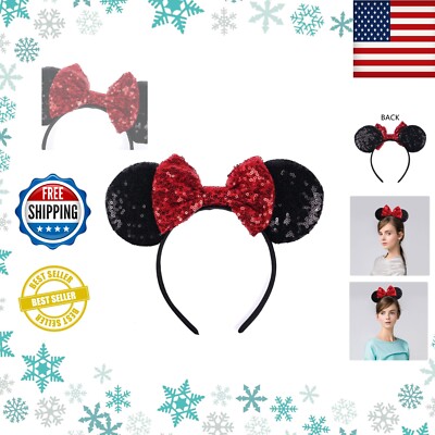 Disney Parks Polka Dot Red Bow Minnie Mickey Mouse Sequin Black Ears Headband US-image