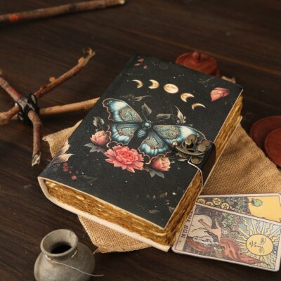 Handmade vintage notebook luna moth leather journal with antique deckle paper-image