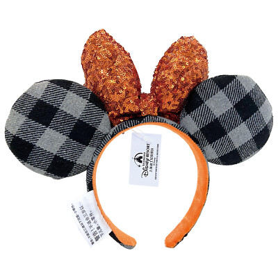 Minnie Mouse Ears Orange Bow Sequin Halloween Plaid Disney-Parks Headband `-image