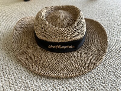 Walt Disney World Flat Brim Hat Natural Straw Black Ribbon Adult Size.-image