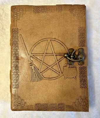 Leather Bound Locking Journal Pentagram Broom Cauldron Witch Spell Halloween-image